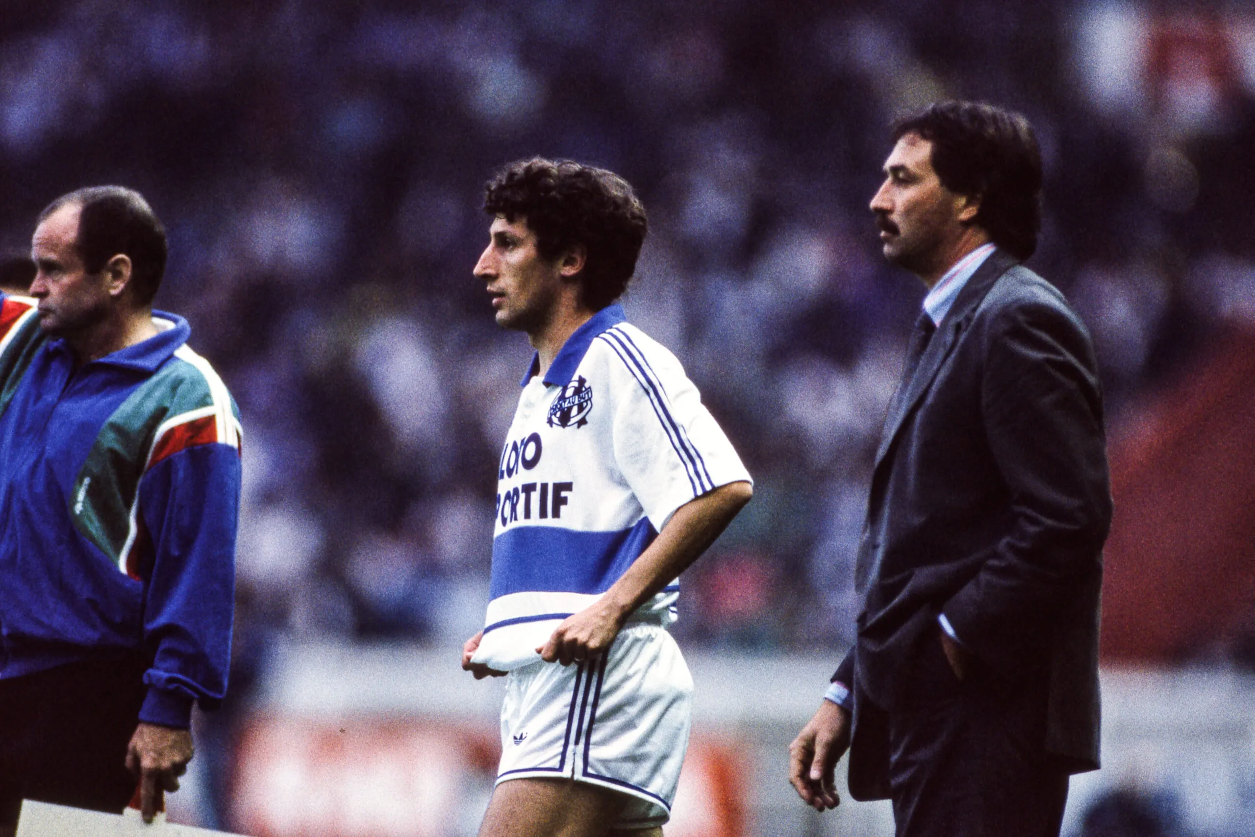 Pascal Gastien et Gérard Gili lors de la finale de la Coupe de France 1989 entre l&rsquo;OM et Monaco.