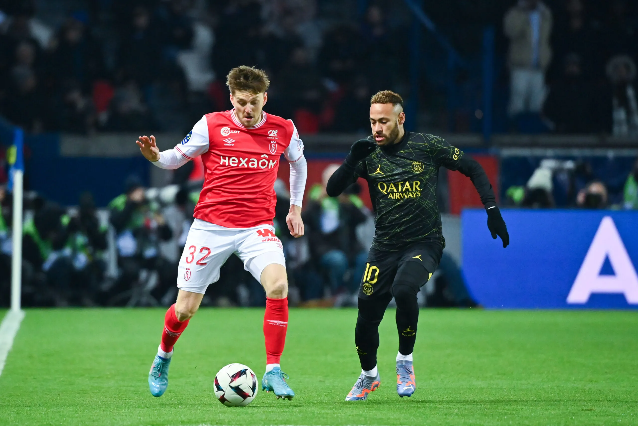 Thomas FOKET of Reims and NEYMAR JR of PSG during the Ligue 1 Uber Eats match between PSG and Reims at Parc des Princes on January 29, 2023 in Paris, France. (Photo by Anthony Dibon/Icon Sport)