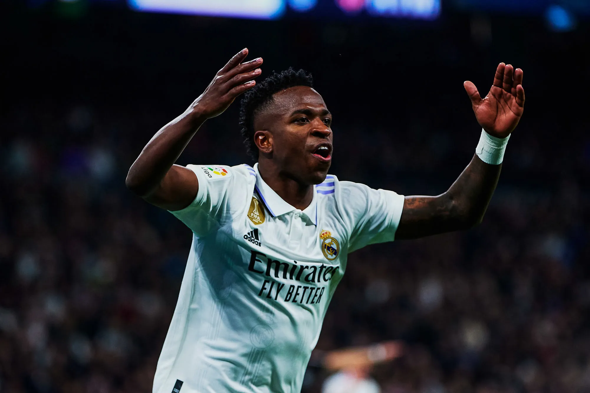 Vinicius Junior of Real Madrid Cf during LaLiga Santander match between Real Madrid and Atletico Madrid at Estadio Santiago Bernabeu on February 25, 2023 in Madrid, Spain. (Photo by Alvaro Medranda/Icon Sport)