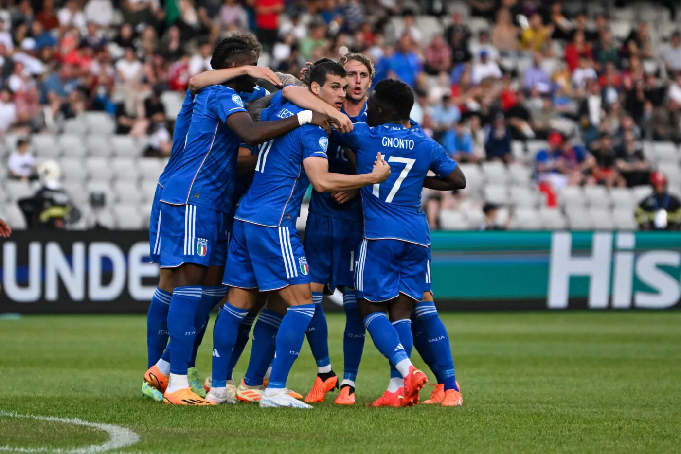 Happiness of Italy U21‚Äôs Lorenzo Pirola after scores a scores a goal 1-0 during the first qualifying round UEFA European Under-21 Championship 2023 soccer match Italy U21 vs. Swiss U21 at the Cluj Arena stadium in Cluj Napoca, Romania, 25nd of June 2023