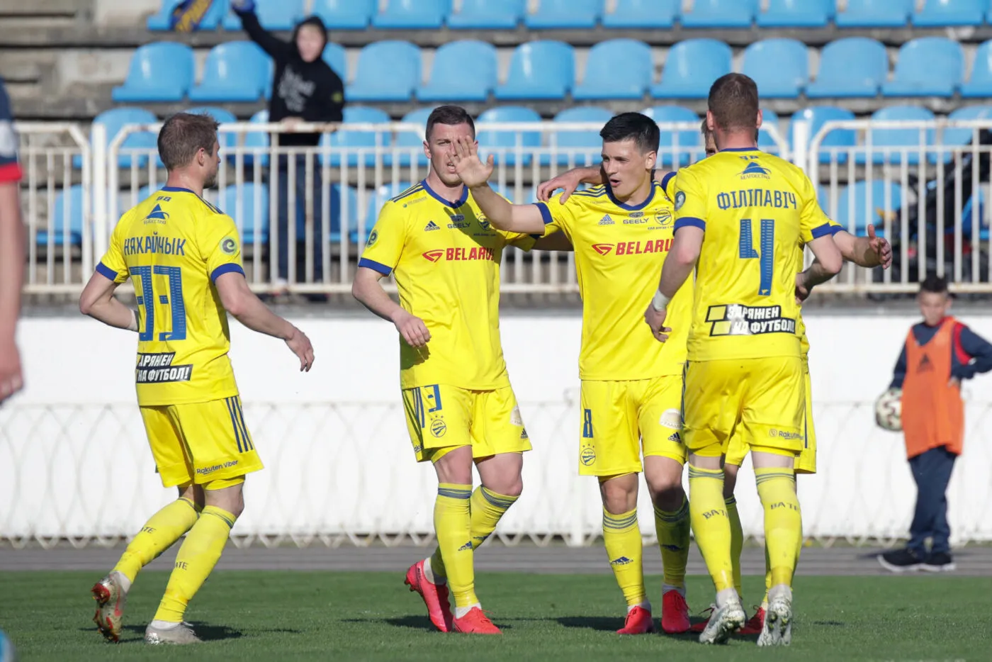 BATE Borisovo team celebrate and Stanislav Dragun  during the Vysshaya League match between FC Smolevichi and BATE Borisov on May 10 2020 in Belarus. 