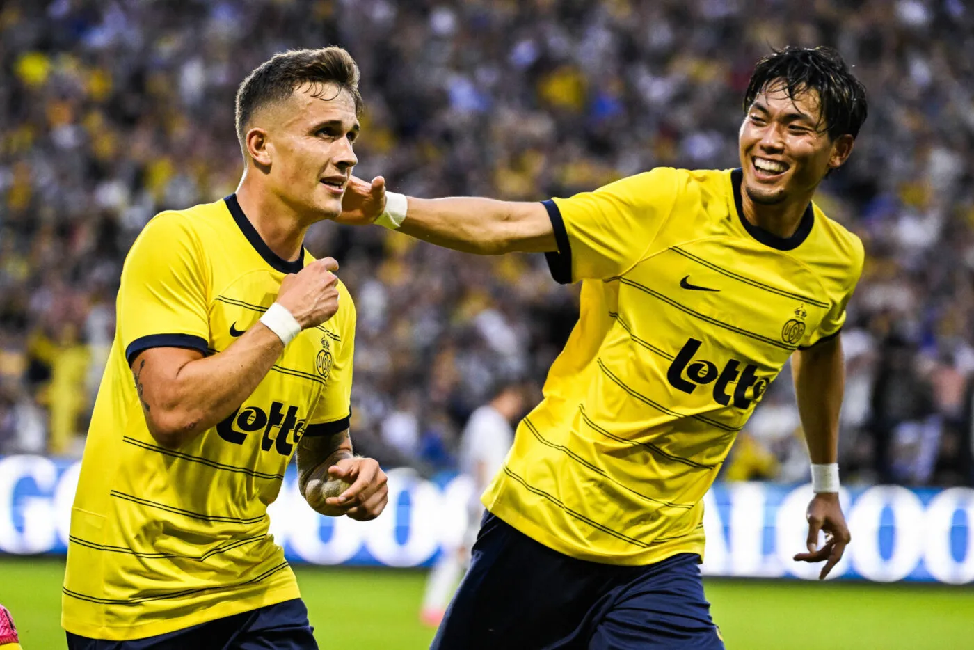 Union's Dennis Eckert Ayensa celebrates after scoring during a soccer match between Royale Union Saint-Gilloise and RSC Anderlecht, Friday 28 July 2023 in Brussels, on day 1/30 of the 2023-2024 'Jupiler Pro League' first division of the Belgian championship. BELGA PHOTO LAURIE DIEFFEMBACQ - Photo by Icon sport