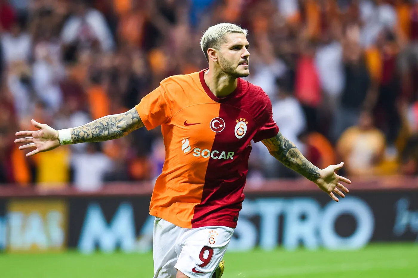 Mauro Icardi of Galatasaray celebrates after scoring the first goal of his team during the UEFA Europa Champions League Third Qualifying Round Second Leg match between Galatasaray and Olimpija Ljubljana on August 15, 2023 in Istanbul, Turkey. (Photo by Seskimphoto ) - Photo by Icon sport