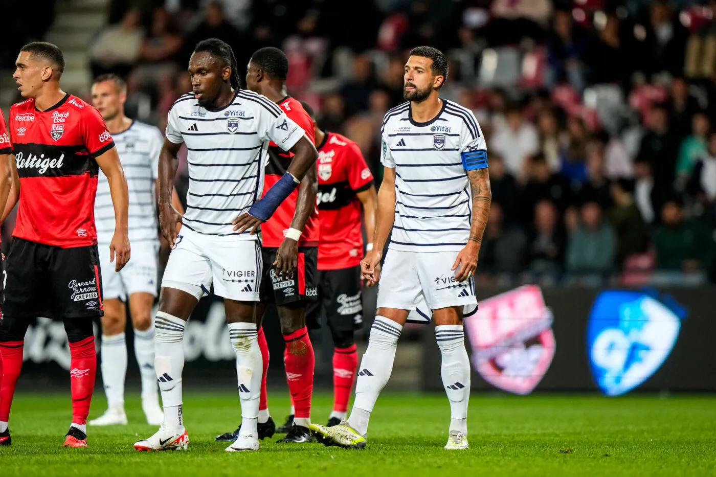 Albeth ELIS of Bordeaux and Yoann BARBET of Bordeaux during the Ligue 2 BKT match between En Avant de Guingamp and Football Club des Girondins de Bordeaux at Stade du Roudourou on September 26, 2023 in Guingamp, France. (Photo by Hugo Pfeiffer/Icon Sport)