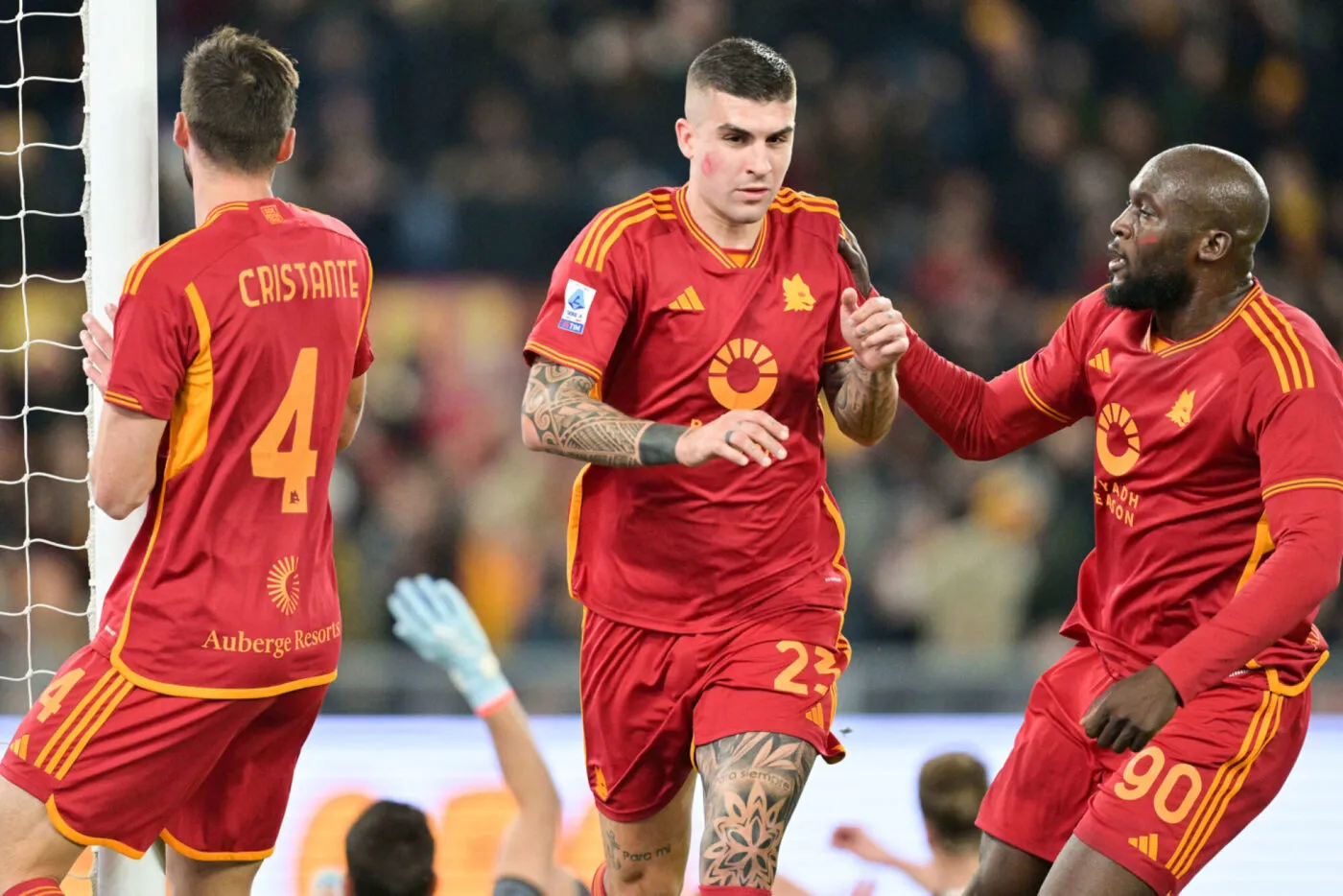 Foto Alfredo Falcone/LaPresse 26 Novembre 2023 - Roma, Italia - sport, calcio - Roma vs Udinese - Campionato italiano di calcio Serie A TIM 2023/2024 - Stadio Olimpico di Roma. Nella foto: esultanza Gianluca Mancini (23 AS Roma) Foto Alfredo Falcone/LaPresse November 26, 2023 Rome, Italy - sport, soccer - Roma vs Udinese - Italian Serie A Football Championship 2023/2024 - Olimpic Stadium în Rome. In the pic: Gianluca Mancini (23 AS Roma) celebrates - Photo by Icon sport