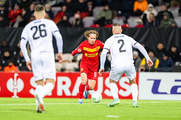 Farum, Denmark. 09th, November 2023. Andreas Schjelderup (8) of FC Nordsjaelland seen during the UEFA Conference League match between FC Nordsjaelland and Spartak Trnava at Right to Dream Park in Farum. || 279579_0038  Denmark entertainment football player FOOTBALL Footballer foreignfootball SOCCER Soccer Match soccer player sport 