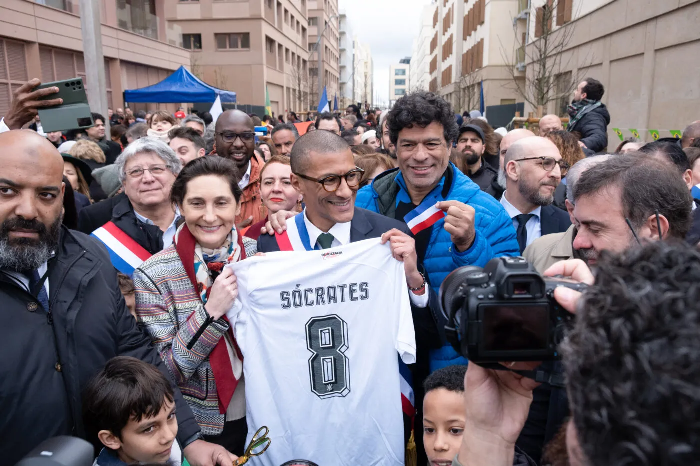 LFI member of the parliament Eric Coquerel, Amelie Oudea Castera, Minister for Sport and the Olympic and Paralympic Games, Karim Bouamrane, Mayor of Saint-Ouen and Rai, international footballer, during the inauguration of the new rue du docteur Socratès in the Athletes' Village of the Paris 2024 Olympic and Paralympic Games. Saint-Ouen, March 30, 2024.Photos by Jérémy Paoloni/ABACAPRESS.COM Photo by Icon sport   - Photo by Icon Sport