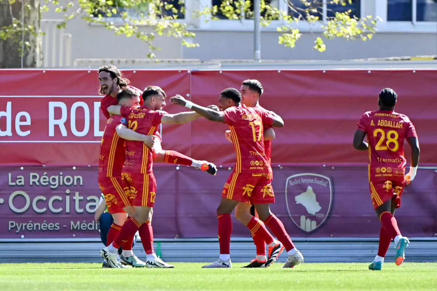 08 Lorenzo RAJOT (raf) - 17 Andreas HOUNTONDJI (raf) - 12 Kilian CORREDOR (raf) during the Ligue 2 BKT match between Rodez and Auxerre at Paul Lignon Stadium on April 20, 2024 in Rodez, France.(Photo by Sylvain Thomas/FEP/Icon Sport)   - Photo by Icon Sport