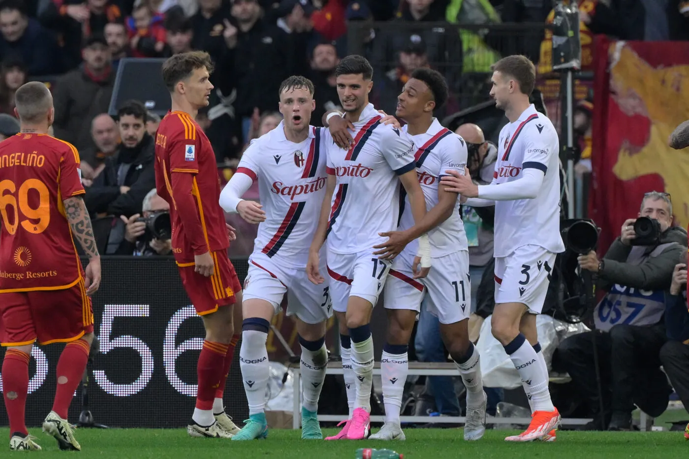 Bologna's Oussama El Azzouzi celebrates after scoring the goal 0-1 during the Italian Football Championship League A 2023/2024 match between AS Roma vs Bologna FC at the Olimpic Stadium in Rome on 22 April 2024.   - Photo by Icon Sport