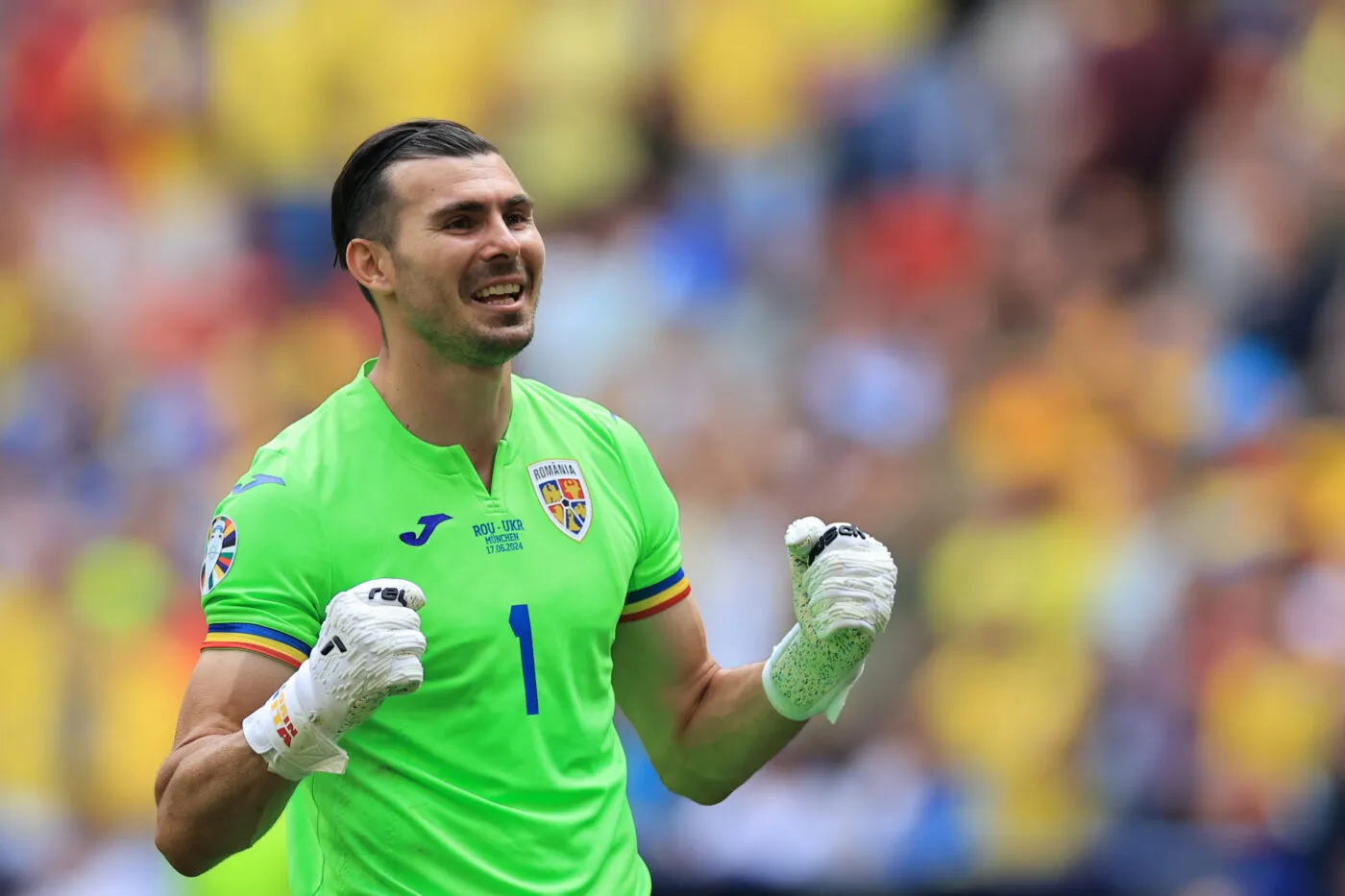 17th June 2024; Munich Football Arena, Munich, Germany; Euro 2024 Group E Football, Romania versus Ukraine; Florin Nita (ROU) Goalkeeper, celebrates their win   - Photo by Icon Sport