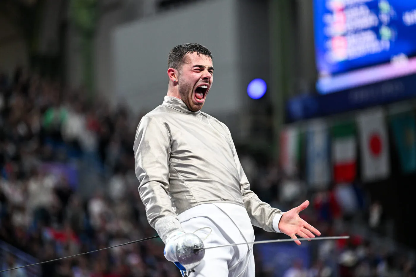 Sabre fencer Sebastien PATRICE of France celebrates during the Paris Olympic Games 2024 - Day 1 at Grand Palais on July 27, 2024 in Paris, France. (Photo by Daniel Derajinski/Icon Sport)   - Photo by Icon Sport